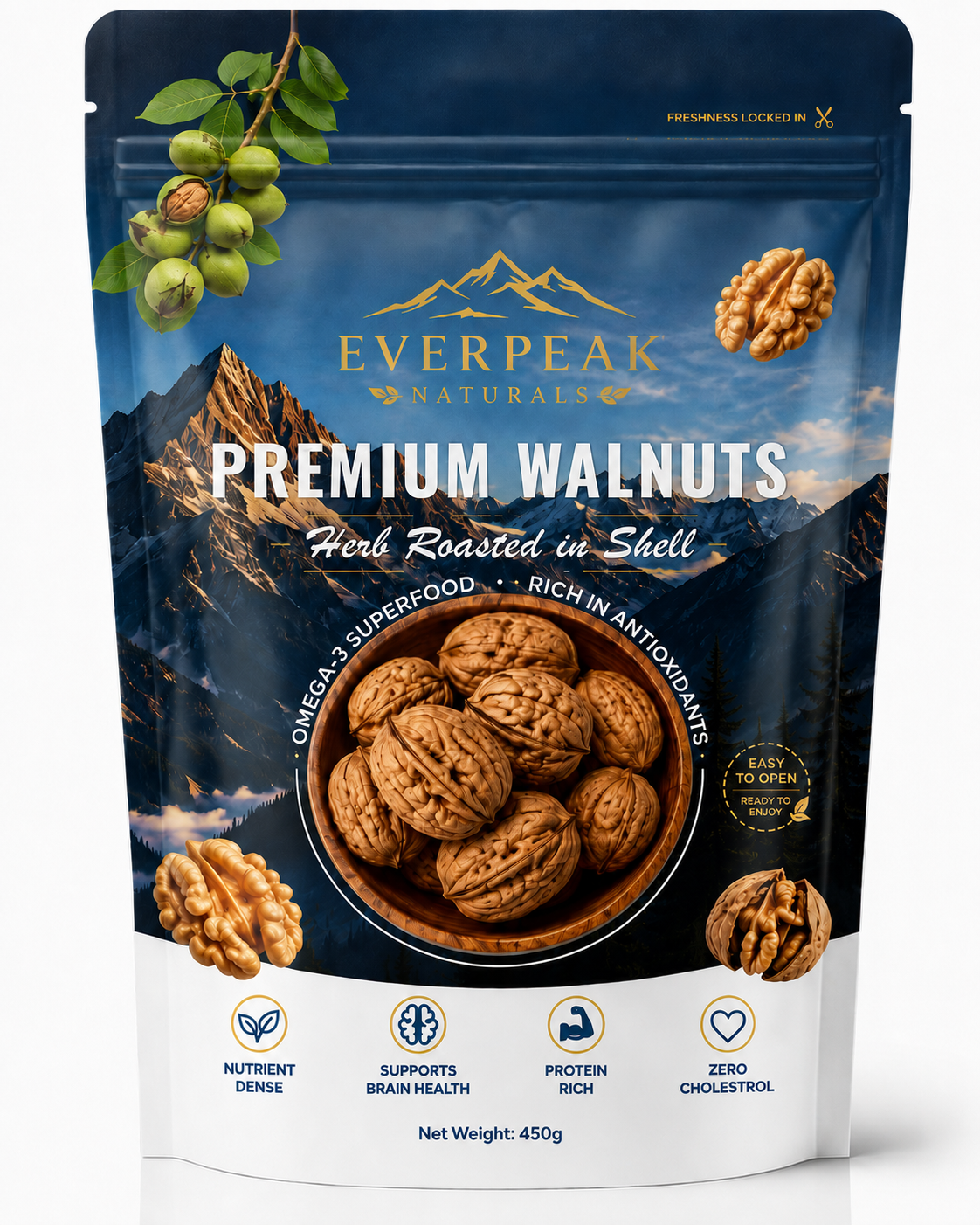 Everpeak Naturals — Sweet Herbal Roasted Walnuts, 450g resealable pouch